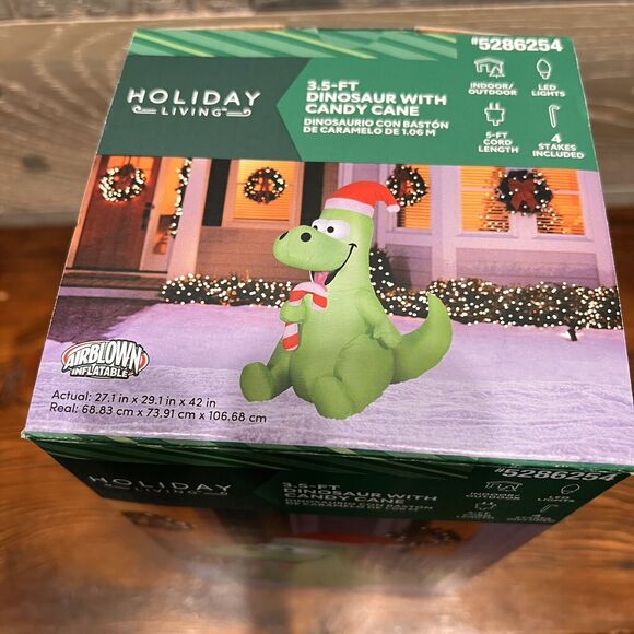 Christmas Dinosaur With Candy Cane Santa Hat Airblown Inflatable 3.5’ Holiday - Picture 2 of 3